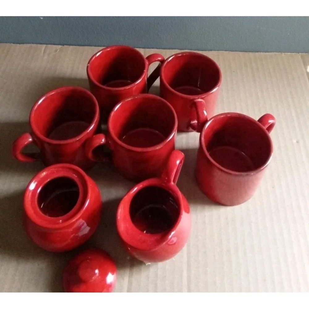 Red Ceramic Coffee Set,‎ 5Cups, Creamer, Sugar Bowl and Lid Included
